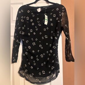 INC  Concepts Sheer Floral Blouse Size Large Black White Layered Top NWT